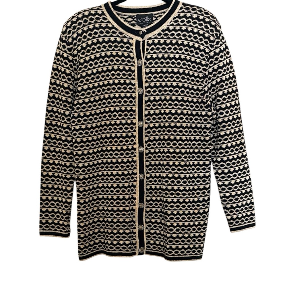 Etoile black/cream/gold metallic  patterned cardigan sweater w/ gold buttons, XL